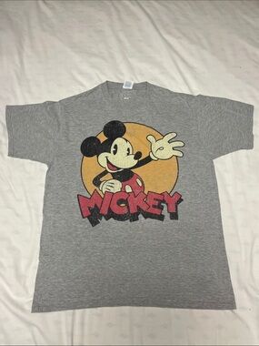 Vintage Themed Geaphic Gray Mickey Short Sleeve Tee with Yellow Circle